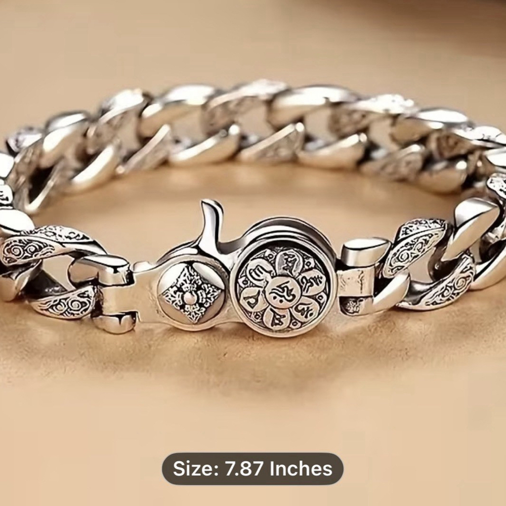 Sterling Silver Mens Chain Bracelet with Floral Medallion